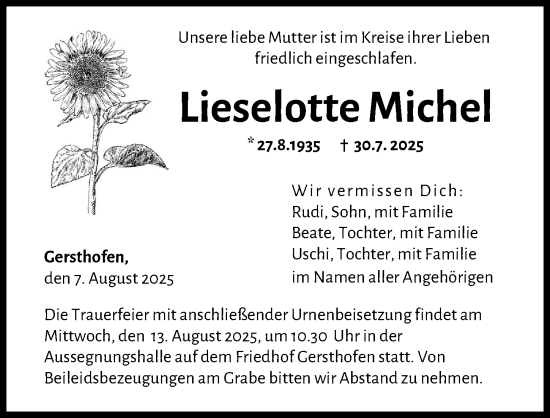 Traueranzeige von Lieselotte Michel von Augsburger Allgemeine