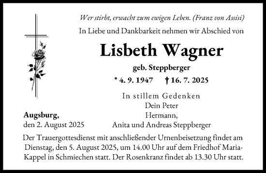 Traueranzeige von Lisbeth Wagner von Augsburger Allgemeine