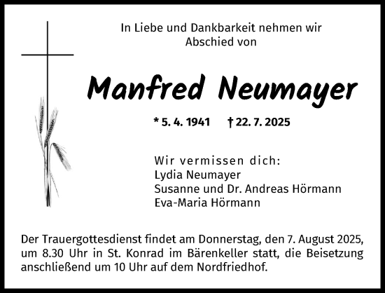 Traueranzeige von Manfred Neumayer von Augsburger Allgemeine