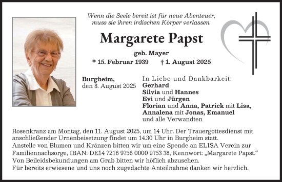 Traueranzeige von Margarete Papst von Neuburger Rundschau