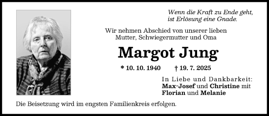 Traueranzeige von Margot Jung von Friedberger Allgemeine