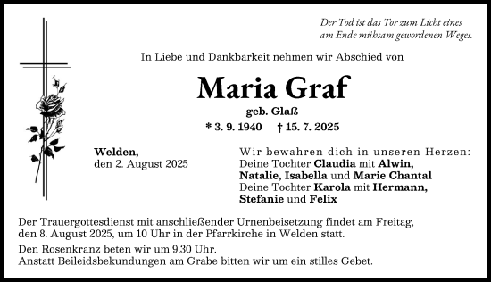 Traueranzeige von Maria Graf von Augsburg-Land