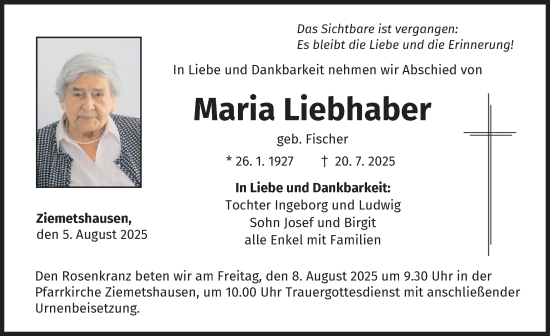 Traueranzeige von Maria Liebhaber von Mittelschwäbische Nachrichten