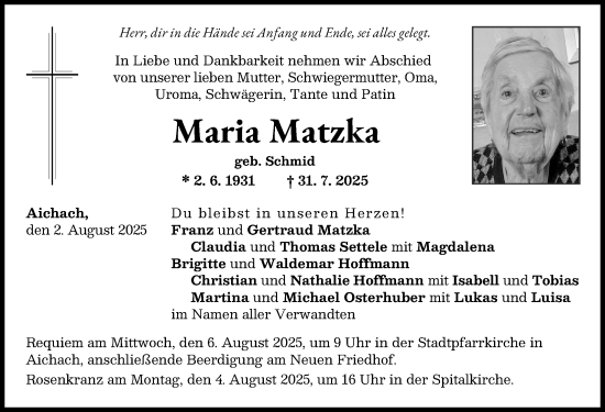 Traueranzeige von Maria Matzka von Aichacher Nachrichten