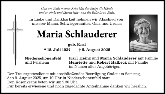 Traueranzeige von Maria Schlauderer von Donauwörther Zeitung