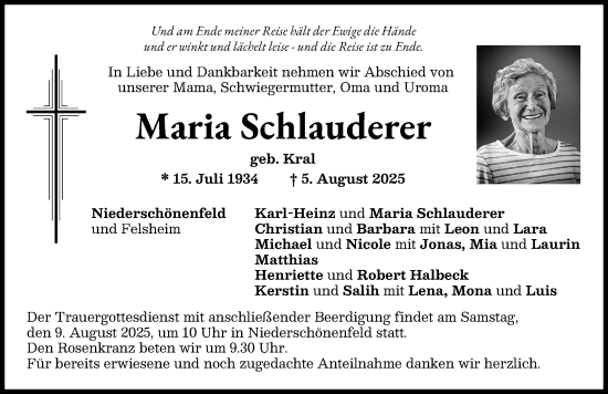 Traueranzeige von Maria Schlauderer von Donauwörther Zeitung
