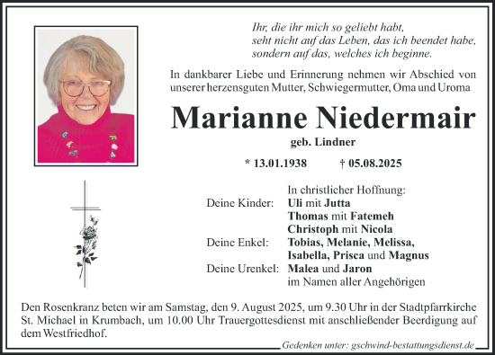 Traueranzeige von Marianne Niedermair von Mittelschwäbische Nachrichten