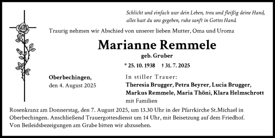 Traueranzeige von Marianne Remmele von Donau Zeitung