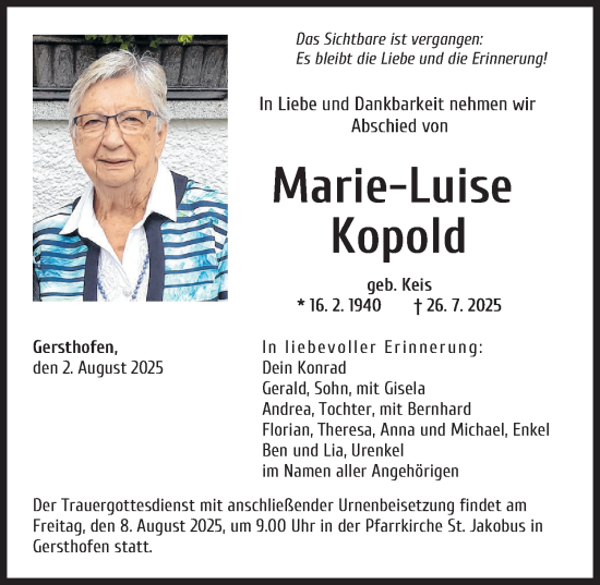 Traueranzeige von Marie-Luise Kopold von Augsburger Allgemeine