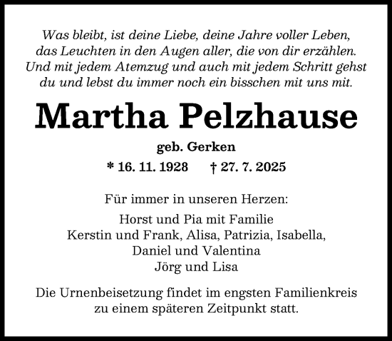 Traueranzeige von Martha Pelzhause von Augsburger Allgemeine