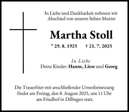 Traueranzeige von Martha Stoll von Donau Zeitung