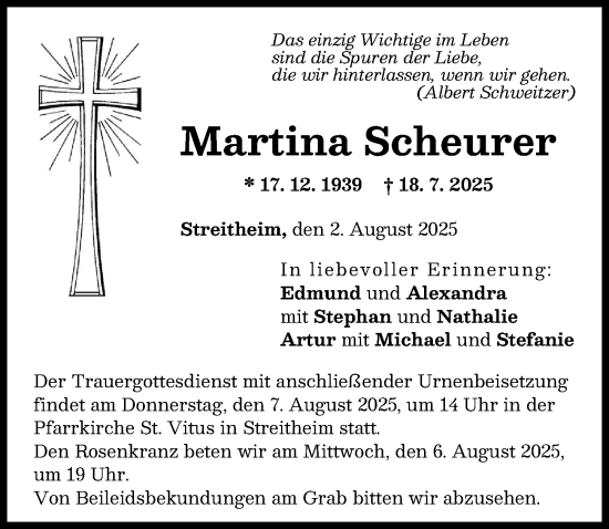 Traueranzeige von Martina Scheurer von Augsburg-Land