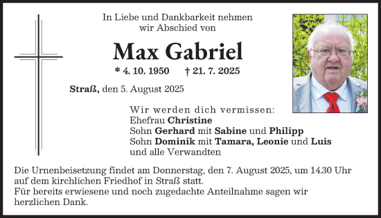 Traueranzeige von Max Gabriel von Neuburger Rundschau
