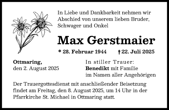 Traueranzeige von Max Gerstmaier von Friedberger Allgemeine