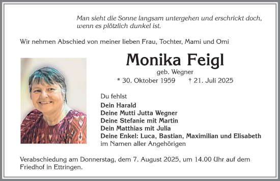 Traueranzeige von Monika Feigl von Mindelheimer Zeitung