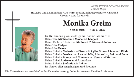 Traueranzeige von Monika Greim von Mindelheimer Zeitung