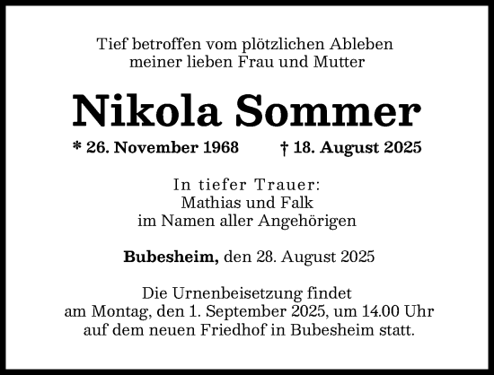 Traueranzeige von Nikola Sommer von Günzburger Zeitung