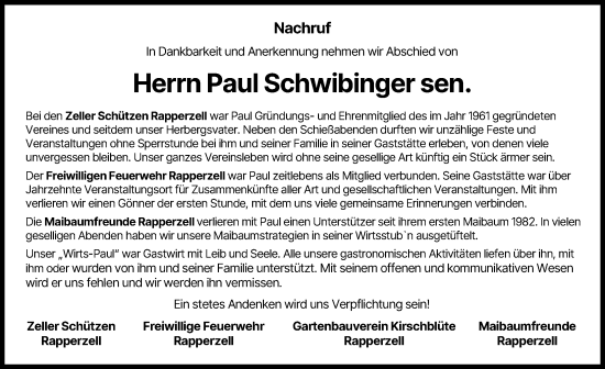 Traueranzeige von Paul Schwibinger von Aichacher Nachrichten