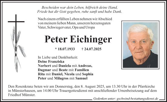 Traueranzeige von Peter Eichinger von Mittelschwäbische Nachrichten