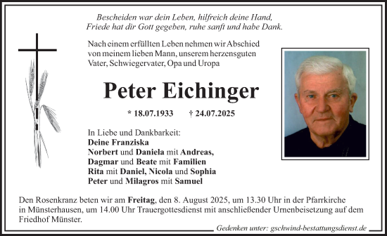 Traueranzeige von Peter Eichinger von Mittelschwäbische Nachrichten