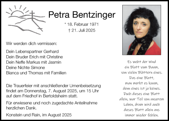Traueranzeige von Petra Bentzinger von Neuburger Rundschau, Donauwörther Zeitung