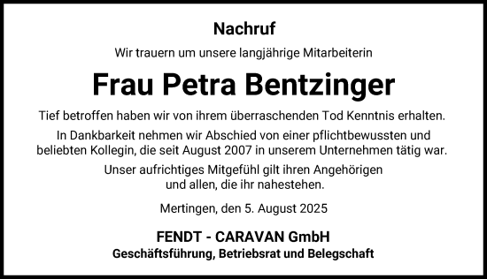 Traueranzeige von Petra Bentzinger von Donauwörther Zeitung