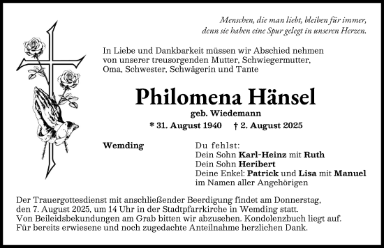 Traueranzeige von Philomena Hänsel von Donauwörther Zeitung