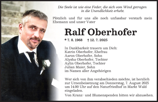 Traueranzeige von Ralf Oberhofer von Mindelheimer Zeitung