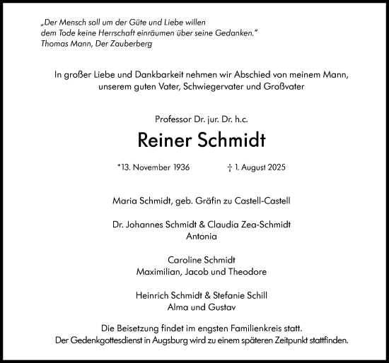 Traueranzeige von Reiner Schmidt von Augsburger Allgemeine