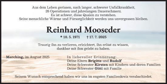 Traueranzeige von Reinhard Mooseder von Friedberger Allgemeine