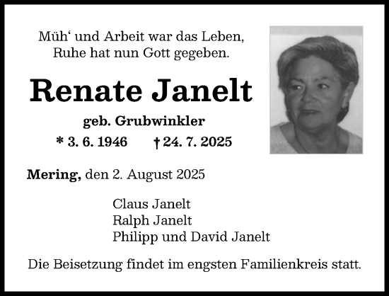 Traueranzeige von Renate Janelt von Friedberger Allgemeine
