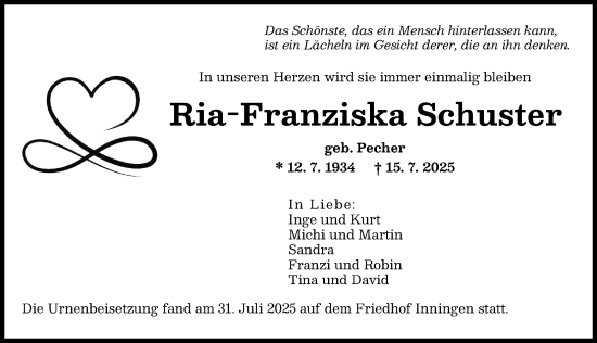 Traueranzeige von Ria-Franziska Schuster von Augsburger Allgemeine