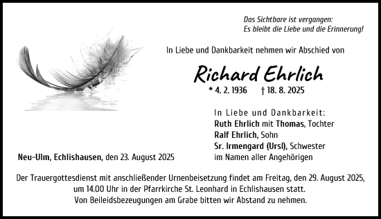 Traueranzeige von Richard Ehrlich von Günzburger Zeitung