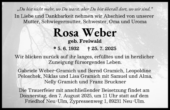 Traueranzeige von Rosa Weber von Neu-Ulmer Zeitung