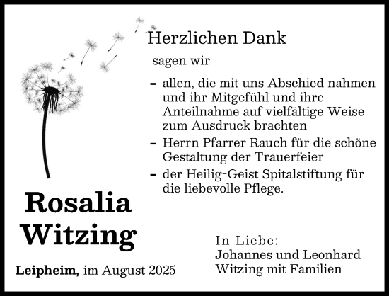 Traueranzeige von Rosalia Witzing von Günzburger Zeitung