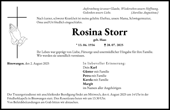 Traueranzeige von Rosina Storr von Wertinger Zeitung