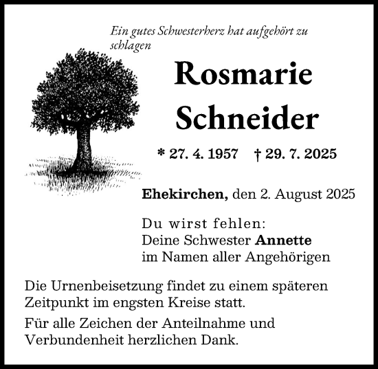 Traueranzeige von Rosmarie Schneider von Neuburger Rundschau