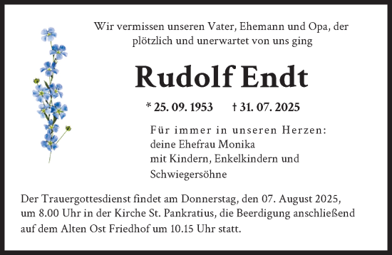 Traueranzeige von Rudolf Endt von Augsburger Allgemeine