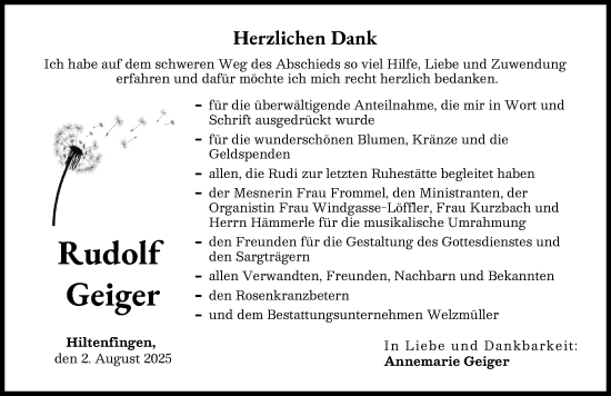 Traueranzeige von Rudolf Geiger von Schwabmünchner Allgemeine