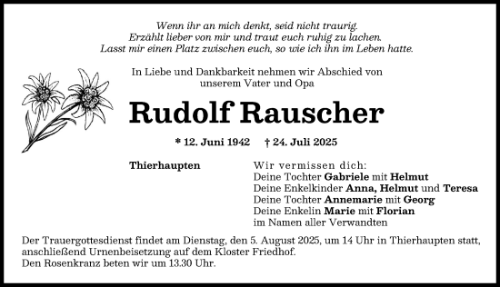 Traueranzeige von Rudolf Rauscher von Augsburg-Land