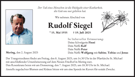 Traueranzeige von Rudolf Siegel von Augsburger Allgemeine, Friedberger Allgemeine