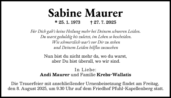 Traueranzeige von Sabine Maurer von Neu-Ulmer Zeitung
