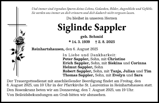 Traueranzeige von Siglinde Sappler von Augsburger Allgemeine, Schwabmünchner Allgemeine
