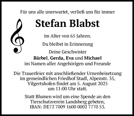 Traueranzeige von Stefan Blabst von Landsberger Tagblatt