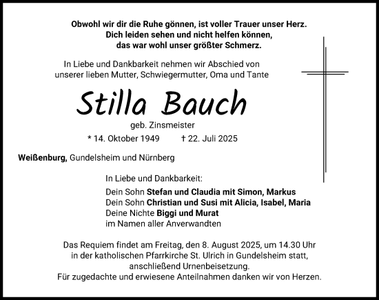Traueranzeige von Stilla Bauch von Donauwörther Zeitung