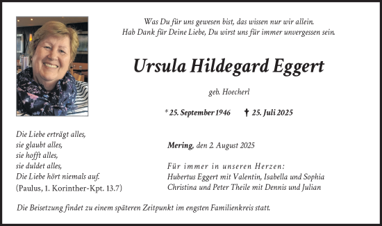 Traueranzeige von Ursula Hildegard Eggert von Friedberger Allgemeine, Aichacher Nachrichten