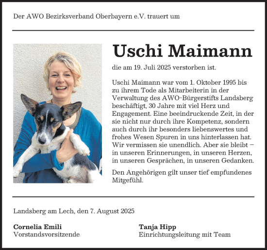Traueranzeige von Uschi Maimann von Landsberger Tagblatt