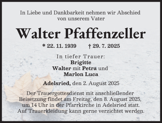 Traueranzeige von Walter Pfaffenzeller von Augsburg-Land