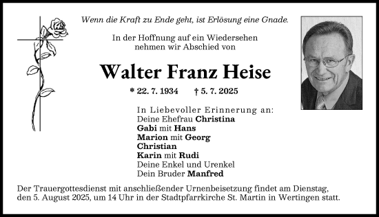 Traueranzeige von Walter Franz Heise von Wertinger Zeitung