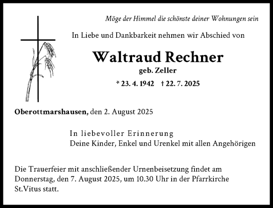 Traueranzeige von Waltraud Rechner von Schwabmünchner Allgemeine